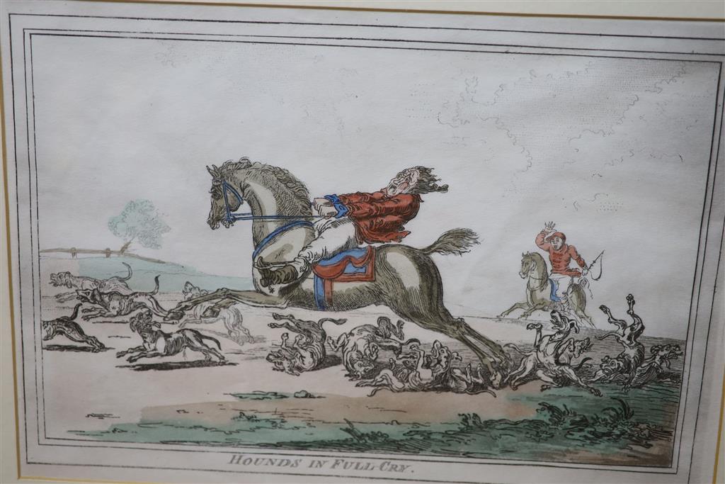 After Gilray, set of 4 coloured engravings (reprints), Hunting scenes, 26 x 38cm.